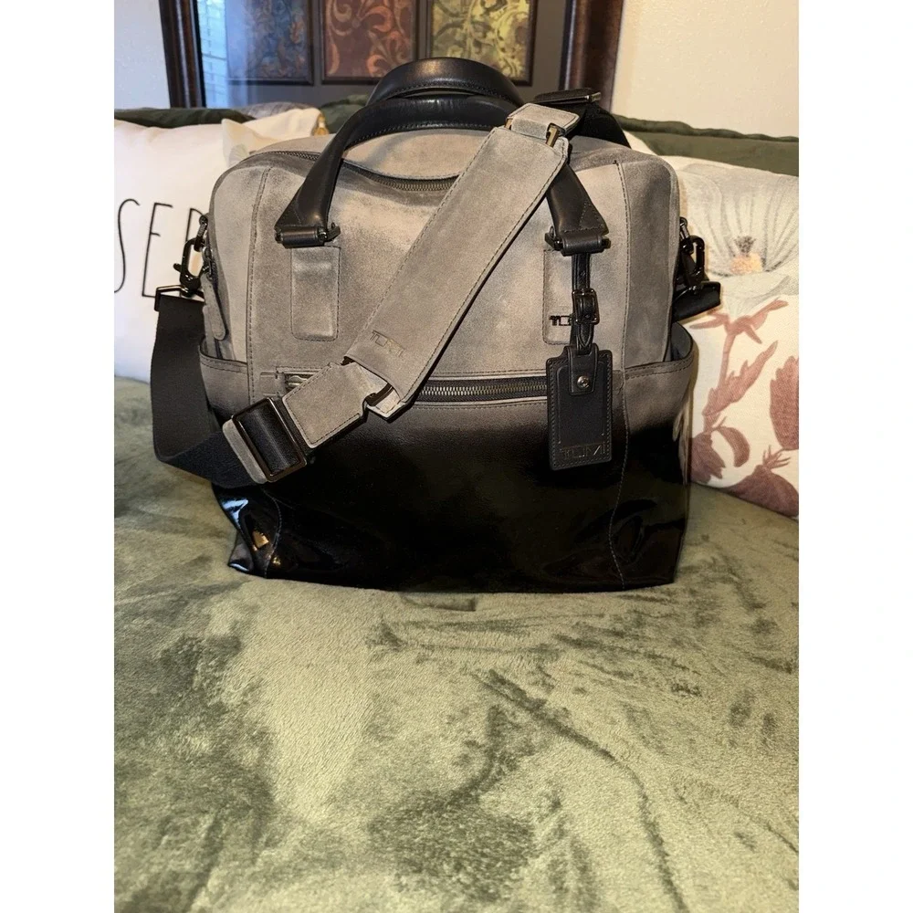 Tumi Briefcase Mens Grey Black Ombre Suede Leather Satchel Messenger Bag
